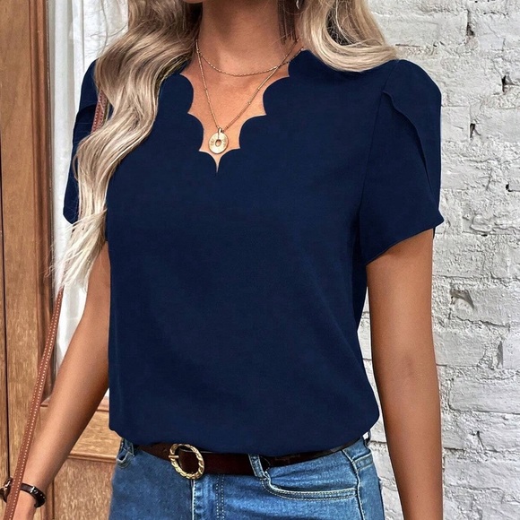 WILA Tops - Short sleeve scalloped petal sleeve v neck blouse work navy blue